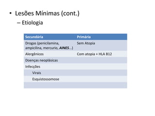 • Lesões Mínimas (cont.)
– Etiologia
Secundária

Primária

Drogas (penicilamina,
ampicilina, mercurio, AINES...)

Sem Atopia

Alergênicos

Com atopia + HLA B12

Doenças neoplásicas
Infecções
Virais
Esquistossomose

 