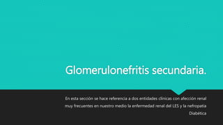 Glomerulonefritis secundaria.
En esta sección se hace referencia a dos entidades clínicas con afección renal
muy frecuentes en nuestro medio la enfermedad renal del LES y la nefropatía
Diabética
 