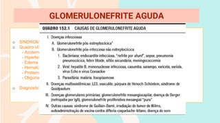 o SÍNDROME NEFRÍTICA
o Quadro clínico arrastado:
- Azotemia
- Hipertensão
- Edema
- Hematúria
- Proteinúria < 3g/dl
- Oligúria
o Diagnóstico pela presença de cilindros hemáticos
GLOMERULONEFRITE AGUDA
 