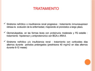 TRATAMIENTO
 Síndrome nefrótico o insuficiencia renal progresiva : tratamiento inmunosupresor
retrasa la evolución de la enfermedad, mejorando el pronóstico a largo plazo.
 Glomerulopatías, en las formas leves con proteinuria moderada y FG estable :
tratamiento hipotensor y antiproteinúrico con IECAo ARA-II.
 Síndrome nefrótico y/o insuficiencia renal : tratamiento con corticoides días
alternos durante periodos prolongados (prednisona 40 mg/m2 en días alternos
durante 6-12 meses)
 