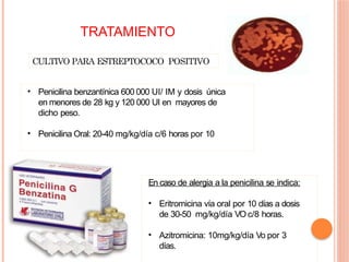 TRATAMIENTO
CULTIVO PARA ESTREPTOCOCO POSITIVO
• Penicilina benzantínica 600 000 UI/ IM y dosis única
en menores de 28 kg y 120 000 UI en mayores de
dicho peso.
• Penicilina Oral: 20-40 mg/kg/día c/6 horas por 10
En caso de alergia a la penicilina se indica:
• Eritromicina vía oral por 10 días a dosis
de 30-50 mg/kg/día VO c/8 horas.
• Azitromicina: 10mg/kg/día Vo por 3
días.
 