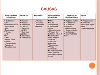 CAUSAS
Enfermedades
infecciosas
farmacos Neoplasias Enfermedades
sistemicas
metabolicas
heredofamiliares
Otros
 Bacteriana :
 GN
postestreptococica
 Endocarditis I
Sifilis
 Tuberculosis
 Viricas:
 VHB
HIV
 CMV
 Herpes zoster
Filiriasis
 Triposomiasis
 Paludismo
 Toxoplasmosis
 Mercurio
 Heroína
 Interferon-a
 Captopril
 Warfarina
 AINES
 Contrates
yodados
 Rifampicina
 Sales de oro
 Linfomas
 Leucemias
 Carcinomas
 Sarcomas
 LES
 Sx de
Goodpasture
Lipodistrofia
parcial
 Dermatomiosis
 Purpura de
Scholein – Henoch
 Enfermedad
mixta del tejido
conectivo
 Vasculitis
sistemicas
 Sarcoidosis
Artritis
reumatoide
 Crioglobulinemia
mixta esencial
 Glomerulonefritis
fibrilar
 Diabetes mellitus
 Sx de Alport
 Sx nefrotico
congenito
Hipotiroidismo
 Drepanocitosis
 Amiloidosis
 Enfermedad de
fabri
 Preeclampsia
 Nefropatia
cronica del injerto
renal
 necrosis papilar
 