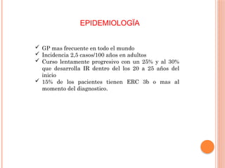 EPIDEMIOLOGÏA
 GP mas frecuente en todo el mundo
 Incidencia 2,5 casos/100 años en adultos
 Curso lentamente progresivo con un 25% y al 30%
que desarrolla IR dentro del los 20 a 25 años del
inicio
 15% de los pacientes tienen ERC 3b o mas al
momento del diagnostico.
 