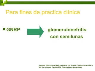 Para fines de practica clínica
 GNRP glomerulonefritis
con semilunas
Harrison. Principios de Medicina Interna 16a. Edicion. Trastornos del riñón yHarrison. Principios de Medicina Interna 16a. Edicion. Trastornos del riñón y
las vías urinarias Capítulo 264. Enfermedades glomerulareslas vías urinarias Capítulo 264. Enfermedades glomerulares
 