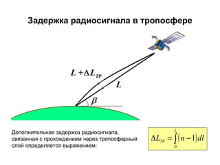 Задержка радиосигнала в тропосфере Дополнительная задержка радиосигнала, связанная с прохождением через тропосферный слой определяется выражением: 