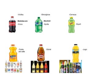 -Vodka. -Strongbow -Cerveza
Bebidas sin Alcohol:
-Coca -Sprite -Squirt
-Fanta -Sidral -Jugo
del valle
 