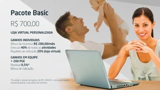 Pacote Premium
R$ 7.000,00
LOJA VIRTUAL PERSONALIZADA
GANHOS INDIVIDUAIS
Bônus de Incentivo R$2.800,00/mês
Executa 100% de...