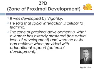 ZPD
(Zone of Proximal Development)
 It was developed by Vigotsky.
 He said that social interaction is critical to
learni...