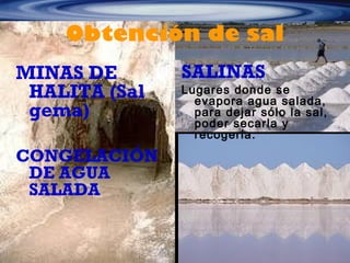 Obtención de sal
MINAS DE
HALITA (Sal
gema)
CONGELACIÓN
DE AGUA
SALADA
SALINAS
Lugares donde se
evapora agua salada,
para dejar sólo la sal,
poder secarla y
recogerla.
 