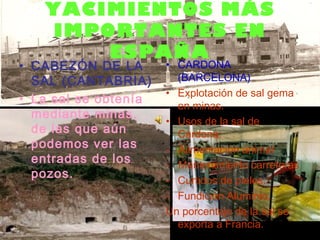 YACIMIENTOS MÁS
IMPORTANTES EN
ESPAÑA
• CABEZÓN DE LA
SAL (CANTABRIA)
• La sal se obtenía
mediante minas,
de las que aún
podemos ver las
entradas de los
pozos.
• CARDONA
(BARCELONA)
• Explotación de sal gema
en minas.
• Usos de la sal de
Cardona:
- Alimentación animal
- Mantenimiento carreteras
- Curtidos de pieles.
- Fundición Aluminio.
Un porcentaje de la sal se
exporta a Francia.
 