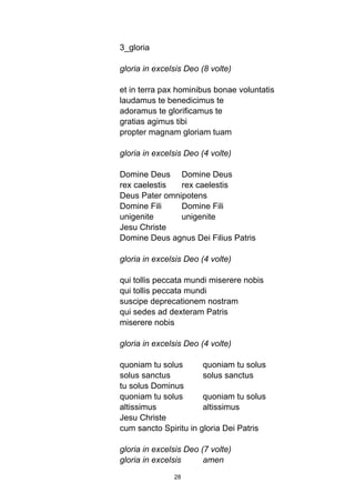 3_gloria

gloria in excelsis Deo (8 volte)

et in terra pax hominibus bonae voluntatis
laudamus te benedicimus te
adoramus te glorificamus te
gratias agimus tibi
propter magnam gloriam tuam

gloria in excelsis Deo (4 volte)

Domine Deus Domine Deus
rex caelestis  rex caelestis
Deus Pater omnipotens
Domine Fili    Domine Fili
unigenite      unigenite
Jesu Christe
Domine Deus agnus Dei Filius Patris

gloria in excelsis Deo (4 volte)

qui tollis peccata mundi miserere nobis
qui tollis peccata mundi
suscipe deprecationem nostram
qui sedes ad dexteram Patris
miserere nobis

gloria in excelsis Deo (4 volte)

quoniam tu solus       quoniam tu solus
solus sanctus          solus sanctus
tu solus Dominus
quoniam tu solus       quoniam tu solus
altissimus             altissimus
Jesu Christe
cum sancto Spiritu in gloria Dei Patris

gloria in excelsis Deo (7 volte)
gloria in excelsis      amen
               28
 
