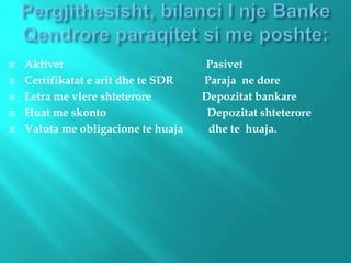  Aktivet Pasivet
 Certifikatat e arit dhe te SDR Paraja ne dore
 Letra me vlere shteterore Depozitat bankare
 Huat me skonto Depozitat shteterore
 Valuta me obligacione te huaja dhe te huaja.
 
