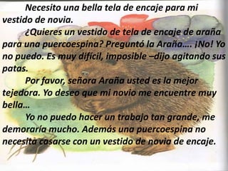 Necesito una bella tela de encaje para mi
vestido de novia.
¿Quieres un vestido de tela de encaje de araña
para una puercoespina? Preguntó la Araña…. ¡No! Yo
no puedo. Es muy difícil, imposible –dijo agitando sus
patas.
Por favor, señora Araña usted es la mejor
tejedora. Yo deseo que mi novio me encuentre muy
bella…
Yo no puedo hacer un trabajo tan grande, me
demoraría mucho. Además una puercoespina no
necesita casarse con un vestido de novia de encaje.
 
