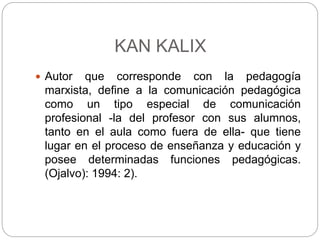 KAN KALIX
 Autor que corresponde con la pedagogía
marxista, define a la comunicación pedagógica
como un tipo especial de comunicación
profesional -la del profesor con sus alumnos,
tanto en el aula como fuera de ella- que tiene
lugar en el proceso de enseñanza y educación y
posee determinadas funciones pedagógicas.
(Ojalvo): 1994: 2).
 