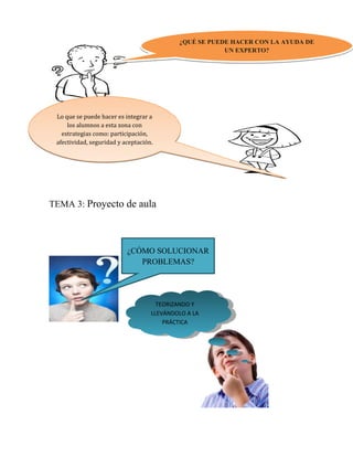 ¿QUÉ SE PUEDE HACER CON LA AYUDA DE
                                                        UN EXPERTO?




 Lo que se puede hacer es integrar a
     los alumnos a esta zona con
   estrategias como: participación,
 afectividad, seguridad y aceptación.




TEMA 3: Proyecto de aula




                           ¿CÓMO SOLUCIONAR
                              PROBLEMAS?




                                      TEORIZANDO Y
                                    LLEVÁNDOLO A LA
                                        PRÁCTICA
 