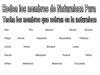 Mar Río Basura Monte Animal
Playa Arena Alquitrán Neumático Plástico
Lluvia Nieve Bosque Latas
Ranas Mariquita Trueno Niños
Niñas Maestros Maestras Escuelas
 
