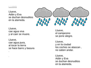 LLUEVE
Llueve,
Adán y Eva
se duchan desnuditos
en la alameda.
Llueve,
cae agua viva
y al caer se muere.
Llueve,
cae agua pura,
al tocar la tierra
se hace barro y basura
.
.
Llueve,
el campesino
se pone alegre.
Llueve,
y en la ciudad
los coches se atascan ,
no saben andar.
Llueve,
Adán y Eva
se duchan desnuditos
en la alameda.
 