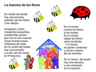 La maestra de las flores
En medio del prado
hay una escuela,
adonde van las flores
y las abejas.
Amapolas y lirios,
margaritas pequeñas,
campanillas azules
que con el aire suenan;
rosas enanas,rosas.
Tulipanes de seda.
En el centro del prado
hay una escuela
y a ella van las rosas
en Primavera.
En el recreo
cantan las flores
a las ovejas.
En el recreo
saltan las flores
sobre la hierba.
Y si llueve,
se ponen contentas
y crecen camino
de las estrellas .
En el centro del prado
hay una escuela,
y una mariquita
es la maestra.
 