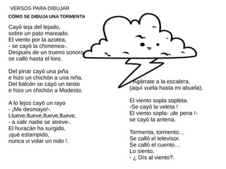 VERSOS PARA DIBUJAR
CÓMO SE DIBUJA UNA TORMENTA
Cayó teja del tejado,
sobre un pato mareado.
El viento por la azotea,
- se cayó la chimenea-.
Después de un trueno sonoro,
se calló hasta el loro.
Del pinar cayó una piña
e hizo un chichón a una niña.
Del balcón se cayó un tiesto
e hizo un chichón a Modesto.
A lo lejos cayó un rayo
- ¡Me desmayo!-.
Llueve,llueve,llueve,llueve,
- a salir nadie se atreve-.
El huracán ha surgido,
¡qué estampido,
nunca vi volar un nido !.
- Agárrate a la escalera,
(aquí vuela hasta mi abuela).
El viento sopla sopleta.
-Se cayó la veleta !
El viento sopla- ¡de pena !-
se cayó la antena.
Tormenta, tormento…
Se calló el televisor.
Se calló el cuento…
Lo siento.
- ¿ Oís al viento?.
 