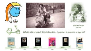 Gloria Fuertes
100 años
1944 1975 1980 1994 1995 1998
Súbete a la vespa de Gloria Fuertes… ¡y vamos a recorrer su poesía!
 