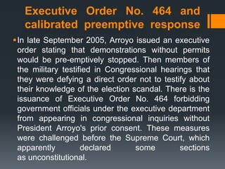 Executive Order No. 464 and
   calibrated preemptive response
In late September 2005, Arroyo issued an executive
 order stating that demonstrations without permits
 would be pre-emptively stopped. Then members of
 the military testified in Congressional hearings that
 they were defying a direct order not to testify about
 their knowledge of the election scandal. There is the
 issuance of Executive Order No. 464 forbidding
 government officials under the executive department
 from appearing in congressional inquiries without
 President Arroyo's prior consent. These measures
 were challenged before the Supreme Court, which
 apparently         declared      some        sections
 as unconstitutional.
 