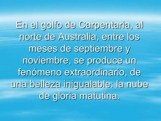 En el golfo de Carpentaria, al
  norte de Australia, entre los
    meses de septiembre y
   noviembre, se produce un
 fenómeno extraordinario, de
una belleza inigualable: la nube
       de gloria matutina.
 