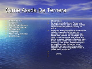 Carne Asada De Ternera dientes de ajo 2 puerros  1 ramo Ingredientes. Una cebolla grande. 3 zanahorias 4 de perejil Aceite sal y pimienta Vino tinto un   Elaboración Se salpimenta la Carne.  Ponga una cazuela de horno con el aceite cuando este caliente se pone la carne y se sofríe Muy bien a continuación se le añade la cebolla la zanahoria los ajos los puerros perejil  se sofríen hasta que estén bien tiernos  se saca todo y se pasa por el pasa puré y se añade a la carne se cuece hasta que la carne este tierna se le añade un poco de tomate pasado y sino queda bastante espesa se sofríe un poco de harina bien tostadita para que quede una salsa espesita se sirve con patata cocida o pasta buen provecho  Gloria. 