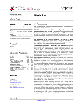 Asociados a:

FitchRatings
Alimentos / Perú

Empresas

Gloria S.A.

Informe Anual
Ratings

Mayo 2013

Tipo de
Instrumento

Rating
Actual

Rating
Anterior

Fecha
Cambio

Papeles
Comerciales

CP-1+ (pe)

CP-1 (pe)

05/04/04

Bonos
Corporativos

AA (pe)

AA- (pe)

15/04/05

Con información financiera auditada a diciembre 2012.

Perspectiva
Positiva

Indicadores Financieros
Dic-12 Dic-11
(S/. MM.)
Ingresos
2,807 2,566
EBITDA
397
337
Flujo de Caja Operativo (CFO)
203
275
Deuda Financiera Total
442
448
Caja y valores líquidos
61
90
Deuda Financiera / EBITDA (x)
1.1
1.3
Deuda Financiera Neta / EBITDA (x)
1.0
1.1
EBITDA / Gastos Financieros (x)
15.5 12.6
Fuente: Gloria

Analistas
Elke Braun
(511) 444 5588
elke.braun@aai.com.pe
Javier Canchano G.
(511) 444 5588
javier.canchano@aai.com.pe

Fundamentos
Las clasificaciones de riesgo otorgadas a los instrumentos emitidos por Gloria
se sustentan principalmente en:
El sólido posicionamiento de Gloria como el principal proveedor de
productos lácteos a nivel nacional: La Empresa ha mantenido históricamente
la mayor participación en el mercado de lácteos peruano, 79% en promedio en
el 2012. Su volumen de negocio le da poder de negociación y le permite
generar economías de escala, y a la vez constituye una barrera para el ingreso
de nuevos competidores.
La integración de sus diferentes procesos a través de la cadena
productiva: La integración vertical desde el acopio de leche fresca en
diferentes puntos del país hasta la venta de productos finales, le permite contar
con importantes sinergias y fortalecer su posición de liderazgo.
Sólido desempeño comercial y presencia en otros mercados: Las ventas en
el período 2007-2011 mostraron un crecimiento promedio anual de 9.2%
(9.4% en el 2012), impulsadas por la mayor capacidad adquisitiva de la
población, el desarrollo de nuevos productos para satisfacer los cambios en los
patrones de consumo y un incremento en los precios. Asimismo, exporta a más
de 70 países en diferentes continentes, y sus ventas en el exterior
(fundamentalmente leche evaporada) muestran un continuo dinamismo y
representaron el 10.6% del total de ingresos en el 2012.
Sólido desempeño financiero: La Empresa ha mostrado en los últimos años
(2010-2012) un
sano nivel de apalancamiento financiero, un ratio
Deuda/EBITDA inferior al 1.5x. Si bien se puede observar un incremento de la
deuda de corto plazo cuando el costo de la hojalata, principalmente, se eleva,
la Empresa está abocada al reperfilamiento de sus pasivos hacia plazos más
largos de manera permanente, con lo que busca una mayor holgura entre su
generación y sus obligaciones de corto plazo.
Entre los factores que limitan el rating se encuentran: i) la limitada
diversificación de productos, en cuanto la leche evaporada se mantiene
históricamente como su principal producto (61.2% de los ingresos en el 2012);
ii) la limitada capacidad de trasladar incrementos sostenidos en los costos a los
precios de sus principales productos, al tratarse de bienes básicos de la canasta
familiar; iii) la sensibilidad de las ventas al exterior respecto a la situación
económica de las plazas donde está presente; y, iv) las potenciales tensiones
con los ganaderos locales, que se han venido mitigando con incrementos en el
precio pagado por la leche fresca cruda.
La Clasificadora le otorga perspectiva positiva en base a su sana posición
financiera al contar con una deuda moderada respecto a su generación, con una
duración mayor que le permite con holgura cumplir con sus obligaciones (la
deuda de corto plazo se ha mantenido por debajo del 30% de las obligaciones
financieras). A ello se suma, el bajo ratio de Deuda Financiera / Capitalización,
el mismo que se viene manteniendo alrededor del 25%. Asimismo, se destacan
los cambios internos que viene realizando en términos de ordenamiento
organizacional, con miras a mejorar el manejo independiente de cada unidad
de negocio, así como a fortalecer los mandos medios.

Mayo 2013
www.aai.com.pe

 