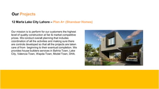 Our Projects
12 Marla Lake City Lahore – Plan A+ (Shandaar Homes)
Our mission is to perform for our customers the highest
level of quality construction at fair & market competitive
prices. We conduct overall planning that includes
coordination of all the activities and making sure there
are controls developed so that all the projects are taken
care of from beginning to their eventual completion. We
provides house builders services in Bahria Town, Lake
City, Valencia Town, Wapda Town, Model Town, DHA.
 