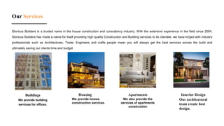 Our Services
Glorious Builders is a trusted name in the house construction and consultancy industry. With the extensive experience in the field since 2004.
Glorious Builders has made a name for itself providing high quality Construction and Building services to its clientele. we have forged with industry
professionals such as Architectures, Trade, Engineers and crafts people mean you will always get the best services across the build and
ultimately saving our clients time and budget
Buildings
We provide building
services for offices.
Housing
We provide homes
construction services.
Apartments
We also provide the
services of apartments
construction
Interior Design
Our architectural
team create best
design.
 