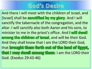 And there I will meet with the children of Israel, and
[Israel] shall be sanctified by my glory. And I will
sanctify the tabernacle of the congregation, and the
altar: I will sanctify also both Aaron and his sons, to
minister to me in the priest's office. And I will dwell
among the children of Israel, and will be their God.
And they shall know that I am the LORD their God,
that brought them forth out of the land of Egypt,
that I may dwell among them: I am the LORD their
God. (Exodus 29:43-46)
 