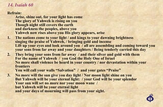 14. Isaiah 60 Refrain: Arise, shine out, for your light has come The glory of Yahweh is rising on you  Though night still covers the earth and darkness the peoples, above you  Yahweh now rises above you His glory appears, arise 1. The nations come to your light / and kings to your dawning brightness singing the praise of Yahweh, / bringing gold and incense Lift up your eyes and look around you  / all are assembling and coming toward you your sons from far away and your daughters / Being tenderly carried this day 2. They bring your sons from far away  / and their silver and gold with them For the name of Yahweh  /  you God the Holy One of Israel No more shall violence be heard in your country / nor devastation within your frontiers You will call your walls “Salvation”  /  and your gates “Praise” 3. No more will the sun give you day light / Nor moon light shine on you But Yahweh will be your eternal light:  / your God will be your splendor Your sun will set no more nor your moon wane  /  but Yahweh will be your eternal light and your days of mourning will pass from your sight. 