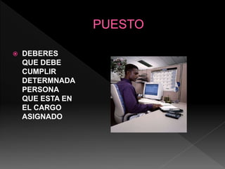  DEBERES
QUE DEBE
CUMPLIR
DETERMNADA
PERSONA
QUE ESTA EN
EL CARGO
ASIGNADO
 