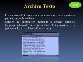 Los archivos de texto son una sucesiones de líneas apartadas por marcas de fin de línea. Carecen de información destinada a generar formatos (negritas, subrayado, cursivas, tamaño, etc.) y tipos de letra (por ejemplo, Arial, Times, Courier, etc.).  Archivo Texto ÍNDICE 