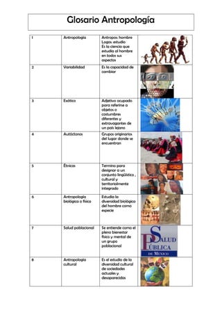 Glosario Antropología
1   Antropología         Antropos: hombre
                         Logos: estudio
                         Es la ciencia que
                         estudia al hombre
                         en todos sus
                         aspectos
2   Variabilidad         Es la capacidad de
                         cambiar




3   Exótico              Adjetivo ocupado
                         para referirse a
                         objetos o
                         costumbres
                         diferentes y
                         extravagantes de
                         un país lejano
4   Autóctonos           Grupos originarios
                         del lugar donde se
                         encuentran




5   Étnicas              Termino para
                         designar a un
                         conjunto lingüístico ,
                         cultural y
                         territorialmente
                         integrado

6   Antropología         Estudia la
    biológica o física   diversidad biológica
                         del hombre como
                         especie



7   Salud poblacional    Se entiende como el
                         pleno bienestar
                         físico y mental de
                         un grupo
                         poblacional


8   Antropología         Es el estudio de la
    cultural             diversidad cultural
                         de sociedades
                         actuales y
                         desaparecidas
 