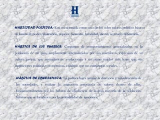 HABILIDAD POLÍTICA: Está mencionada como uno de los ocho valores políticos básicos
de Lasswell: poder, ilustración, riqueza, bienestar, habilidad, afecto, rectitud y deferencia.


HÁBITOS DE LOS PUEBLOS: Conjuntos de comportamientos generalizados en la
población de un país, ampliamente internalizados por sus miembros, expresión de su
cultura propia, que normalmente evolucionan a un ritmo mucho más lento que sus
instituciones políticas y económicas, e incluso que sus estructuras sociales. 


HÁBITOS DE OBEDIENCIA: La política logra asumir la dirección y autodirección de
las sociedades, y realizar la asignación autorizada de valores dentro de ellas,
fundamentalmente por los hábitos de obediencia de la gran mayoría de la población,
hábitos que se fortalecen por la probabilidad de sanciones.
 