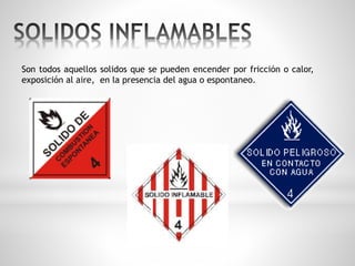 Son todos aquellos solidos que se pueden encender por fricción o calor, 
exposición al aire, en la presencia del agua o espontaneo. 
 