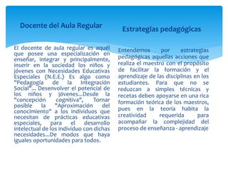 Docente del Aula Regular
El docente de aula regular es aquél
que posee una especialización en
enseñar, integrar y principalmente,
inserir en la sociedad los niños y
jóvenes con Necesidades Educativas
Especiales (N.E.E.) Es algo como
"Pedagogía de la Integración
Social"... Desenvolver el potencial de
los niños y jóvenes...Desde la
"concepción cognitiva", Tornar
posible la "Aproximación del
conocimiento" a los individuos que
necesitan de prácticas educativas
especiales, para el desarrollo
intelectual de los individuo con dichas
necesidades...De modos que haya
iguales oportunidades para todos.
Estrategias pedagógicas
Entendemos por estrategias
pedagógicas aquellas acciones que
realiza el maestro con el propósito
de facilitar la formación y el
aprendizaje de las disciplinas en los
estudiantes. Para que no se
reduzcan a simples técnicas y
recetas deben apoyarse en una rica
formación teórica de los maestros,
pues en la teoría habita la
creatividad requerida para
acompañar la complejidad del
proceso de enseñanza - aprendizaje
 