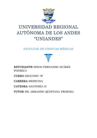 UNIVERSIDAD REGIONAL
AUTÓNOMA DE LOS ANDES
“UNIANDES”
FACULTAD DE CIENCIAS MÉDICAS
ESTUDIANTE: DIEGO FERNANDO SUÁREZ
FONSECA
CURSO: SEGUNDO “B”
CARRERA: MEDICINA
CATEDRA: ANATOMIA II
TUTOR: DR. ARMANDO QUINTANA PROENZA
 