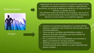 Mediana Empresa
organización de recursos humanos y económicos que en forma
sistemática se propone alcanzar un objetivo, especialmente
económico, ya sea que se dedique al comercio, a la industria, a las
finanzas, o a prestar servicios.
Hay distintos modos de clasificar a las empresas, una es por su
tamaño, o sea de acuerdo a los recursos humanos, financieros y
técnicos con que cuenta, y su caudal de negocios.
• Cuentan con una buena organización, lo cual les permite
aplicarse y adaptarse a las condiciones del mercado y de la
creciente población;
• Tiene una gran movilidad, permitiéndoles ampliar o
disminuir el tamaño de la planta, así como cambiar los
procesos técnicos necesarios.
• Por su dinamismo tienen posibilidades de crecimiento y
llegar a convertirse en una gran empresa.
• Absorben una porción importante de la población
económicamente activa, debido a su gran capacidad para
generar empleos.
Ventajas
 