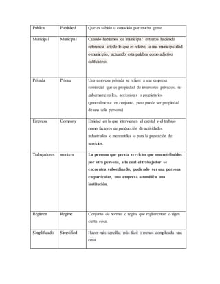 Publica Published Que es sabido o conocido por mucha gente.
Municipal Municipal Cuando hablamos de 'municipal' estamos haciendo
referencia a todo lo que es relativo a una municipalidad
o municipio, actuando esta palabra como adjetivo
calificativo.
Privada Private Una empresa privada se refiere a una empresa
comercial que es propiedad de inversores privados, no
gubernamentales, accionistas o propietarios
(generalmente en conjunto, pero puede ser propiedad
de una sola persona)
Empresa Company Entidad en la que intervienen el capital y el trabajo
como factores de producción de actividades
industriales o mercantiles o para la prestación de
servicios.
Trabajadores workers La persona que presta servicios que son retribuidos
por otra persona, a la cual el trabajador se
encuentra subordinado, pudiendo seruna persona
en particular, una empresa o también una
institución.
Régimen Regime Conjunto de normas o reglas que reglamentan o rigen
cierta cosa.
Simplificado Simplified Hacer más sencilla, más fácil o menos complicada una
cosa
 
