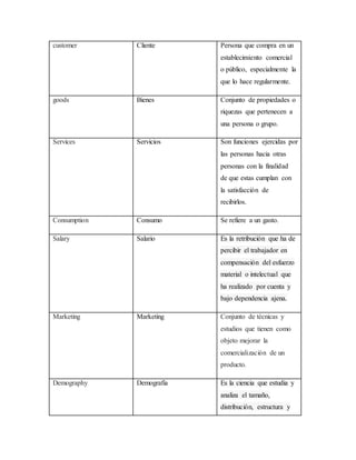 customer Cliente Persona que compra en un
establecimiento comercial
o público, especialmente la
que lo hace regularmente.
goods Bienes Conjunto de propiedades o
riquezas que pertenecen a
una persona o grupo.
Services Servicios Son funciones ejercidas por
las personas hacia otras
personas con la finalidad
de que estas cumplan con
la satisfacción de
recibirlos.
Consumption Consumo Se refiere a un gasto.
Salary Salario Es la retribución que ha de
percibir el trabajador en
compensación del esfuerzo
material o intelectual que
ha realizado por cuenta y
bajo dependencia ajena.
Marketing Marketing Conjunto de técnicas y
estudios que tienen como
objeto mejorar la
comercialización de un
producto.
Demography Demografía Es la ciencia que estudia y
analiza el tamaño,
distribución, estructura y
 