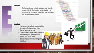 conomia
Es la ciencia que estudia las leyes que rigen la
producción, la distribución, la circulación y el
consumo de los bienes materiales que satisfacen
las necesidades humanas
jecutivo
• Han experimentado la adversidad de
forma significativa en sus vidas
• Tienen algo que probar
• Creen que son especiales, que están
destinados para grandes cosas
• Tienen una visión clara
• Son excepcionalmente inteligentes e
instintivos
 