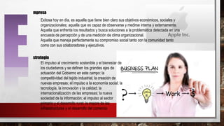 mpresa
Exitosa hoy en día, es aquella que tiene bien claro sus objetivos económicos, sociales y
organizacionales; aquella que es capaz de observarse y medirse interna y externamente.
Aquella que enfrenta los resultados y busca soluciones a la problemática detectada en una
encuesta de percepción y de una medición de clima organizacional.
Aquella que maneja perfectamente su compromiso social tanto con la comunidad tanto
como con sus colaboradores y ejecutivos.
strategia
El impulso al crecimiento sostenible y el bienestar de
los ciudadanos y se definen los grandes ejes de
actuación del Gobierno en este campo: la
competitividad del tejido industrial; la creación de
nuevas empresas; el impulso a la economía social; la
tecnología, la innovación y la calidad; la
internacionalización de las empresas; la nueva
sociedad de la información; el impulso al sector
primario y el desarrollo rural; la mejora de las
infraestructuras y el desarrollo del comercio
 