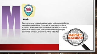 ercado
Es un conjunto de transacciones de procesos o intercambio de bienes
o servicios entre individuos. El mercado no hace referencia directa
al lucro o a las empresas, sino simplemente al acuerdo mutuo en el
marco de las transacciones. Estas pueden tener como partícipes
a individuos, empresas, cooperativas, ONG, entre otros.
 