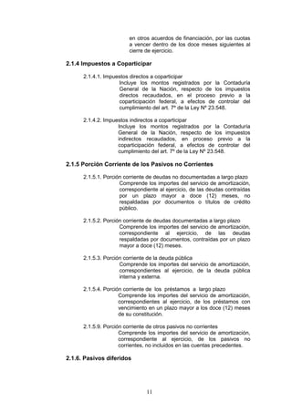 11
en otros acuerdos de financiación, por las cuotas
a vencer dentro de los doce meses siguientes al
cierre de ejercicio.
2.1.4 Impuestos a Coparticipar
2.1.4.1. Impuestos directos a coparticipar
Incluye los montos registrados por la Contaduría
General de la Nación, respecto de los impuestos
directos recaudados, en el proceso previo a la
coparticipación federal, a efectos de controlar del
cumplimiento del art. 7º de la Ley Nº 23.548.
2.1.4.2. Impuestos indirectos a coparticipar
Incluye los montos registrados por la Contaduría
General de la Nación, respecto de los impuestos
indirectos recaudados, en proceso previo a la
coparticipación federal, a efectos de controlar del
cumplimiento del art. 7º de la Ley Nº 23.548.
2.1.5 Porción Corriente de los Pasivos no Corrientes
2.1.5.1. Porción corriente de deudas no documentadas a largo plazo
Comprende los importes del servicio de amortización,
correspondiente al ejercicio, de las deudas contraídas
por un plazo mayor a doce (12) meses, no
respaldadas por documentos o títulos de crédito
público.
2.1.5.2. Porción corriente de deudas documentadas a largo plazo
Comprende los importes del servicio de amortización,
correspondiente al ejercicio, de las deudas
respaldadas por documentos, contraídas por un plazo
mayor a doce (12) meses.
2.1.5.3. Porción corriente de la deuda pública
Comprende los importes del servicio de amortización,
correspondientes al ejercicio, de la deuda pública
interna y externa.
2.1.5.4. Porción corriente de los préstamos a largo plazo
Comprende los importes del servicio de amortización,
correspondientes al ejercicio, de los préstamos con
vencimiento en un plazo mayor a los doce (12) meses
de su constitución.
2.1.5.9. Porción corriente de otros pasivos no corrientes
Comprende los importes del servicio de amortización,
correspondiente al ejercicio, de los pasivos no
corrientes, no incluidos en las cuentas precedentes.
2.1.6. Pasivos diferidos
 