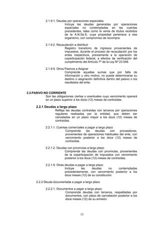 13
2.1.9.1. Deudas por operaciones especiales
Incluye las deudas generadas por operaciones
especiales no contempladas en las cuentas
precedentes, tales como la venta de títulos recibidos
de la A.N.Se.S, cuya propiedad pertenece a ese
organismo, con compromiso de recompra.
2.1.9.2. Recaudación a distribuir
Registro transitorio de ingresos provenientes de
impuestos, durante el proceso de recaudación por los
entes respectivos, previamente a la operación de
coparticipación federal, a efectos de verificación del
cumplimiento del Artículo 7º de la Ley Nº 23.548.
2.1.9.9. Otros Pasivos a Asignar
Comprende aquellas sumas que por falta de
información u otro motivo, no pueda determinarse su
destino o asignación definitiva dentro del pasivo o los
resultados del ente.
2.2.PASIVO NO CORRIENTE
Son las obligaciones ciertas o eventuales cuyo vencimiento operará
en un plazo superior a los doce (12) meses de contraídas.
2.2.1 Deudas a largo plazo
Refleja las deudas contraídas con terceros por operaciones
regulares realizadas por la entidad, que deben ser
canceladas en un plazo mayor a los doce (12) meses de
contraídas.
2.2.1.1. Cuentas comerciales a pagar a largo plazo
Comprende las deudas con proveedores,
provenientes de operaciones habituales del ente, con
vencimiento posterior a los doce (12) meses de
contraídas.
2.2.1.2. Deudas con provincias a largo plazo
Comprende las deudas con provincias, provenientes
de la coparticipación de impuestos con vencimiento
posterior a los doce (12) meses de contraídas.
2.2.1.9. Otras deudas a pagar a largo plazo
Incluye las deudas no contempladas
precedentemente, con vencimiento posterior a los
doce meses (12) de su constitución.
2.2.2 Deuda documentada a pagar a largo plazo
2.2.2.1. Documentos a pagar a largo plazo
Comprende deudas con terceros, respaldadas por
documentos, con plazo de cancelación posterior a los
doce meses (12) de su emisión.
 