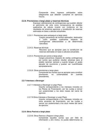 15
Comprende otros ingresos anticipados sobre
obligaciones que deberán cumplirse en ejercicios
futuros.
2.2.6. Previsiones a largo plazo y reservas técnicas
Expresan estimaciones de contingencias que pueden afectar
el patrimonio del ente como consecuencia de posibles
quebrantos de cálculo incierto con incidencia en los
resultados de próximos ejercicios y constitución de reservas
estimadas en base a cálculos actuariales.
2.2.6.1. Previsiones para autoseguro a largo plazo
Cargos preventivos de montos estimados, destinados
a cubrir posibles quebrantos respecto de
contingencias seleccionadas y de determinada
naturaleza.
2.2.6.2. Reservas técnicas
Recursos que se apropian para la constitución de
reservas estimadas en base a cálculos actuariales.
2.2.6.3. Previsiones por juicios a largo plazo
Cargos preventivos respecto de ciertas contingencias
por juicios que pudieran resultar adversas para el
estado nacional, siempre y cuando tengan un grado
elevado de ocurrencia y puedan ser cuantificadas
apropiadamente.
2.2.6.9. Otras previsiones a largo plazo
Comprende los montos que se apropian para constituir
previsiones, no contempladas en cuentas
precedentes.
2.2.7 Intereses a Devengar
2.2.7.1 Intereses a Devengar a Largo Plazo
Importe correspondiente a los intereses incluidos en
los Planes de Financiación, por las cuotas a vencer
con posterioridad a los doce meses del cierre de
ejercicio.
2.2.7.9 Otros Intereses a Devengar a Largo Plazo
Importe correspondiente a los intereses incluidos en
otros acuerdos de financiación, por las cuotas a
vencer con posterioridad a los doce meses del cierre
de ejercicio.
2.2.9. Otros Pasivos a largo plazo
2.2.9.9. Otros Pasivos a Asignar a largo plazo
Comprende aquellas sumas que por falta de
información u otro motivo, no pueda determinarse su
 