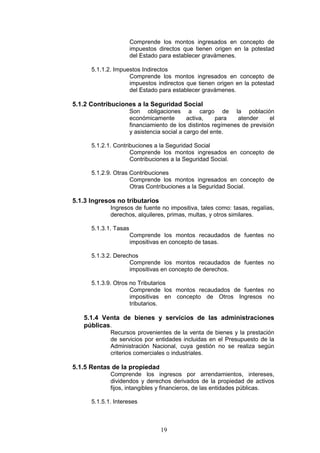 19
Comprende los montos ingresados en concepto de
impuestos directos que tienen origen en la potestad
del Estado para establecer gravámenes.
5.1.1.2. Impuestos Indirectos
Comprende los montos ingresados en concepto de
impuestos indirectos que tienen origen en la potestad
del Estado para establecer gravámenes.
5.1.2 Contribuciones a la Seguridad Social
Son obligaciones a cargo de la población
económicamente activa, para atender el
financiamiento de los distintos regímenes de previsión
y asistencia social a cargo del ente.
5.1.2.1. Contribuciones a la Seguridad Social
Comprende los montos ingresados en concepto de
Contribuciones a la Seguridad Social.
5.1.2.9. Otras Contribuciones
Comprende los montos ingresados en concepto de
Otras Contribuciones a la Seguridad Social.
5.1.3 Ingresos no tributarios
Ingresos de fuente no impositiva, tales como: tasas, regalías,
derechos, alquileres, primas, multas, y otros similares.
5.1.3.1. Tasas
Comprende los montos recaudados de fuentes no
impositivas en concepto de tasas.
5.1.3.2. Derechos
Comprende los montos recaudados de fuentes no
impositivas en concepto de derechos.
5.1.3.9. Otros no Tributarios
Comprende los montos recaudados de fuentes no
impositivas en concepto de Otros Ingresos no
tributarios.
5.1.4 Venta de bienes y servicios de las administraciones
públicas.
Recursos provenientes de la venta de bienes y la prestación
de servicios por entidades incluidas en el Presupuesto de la
Administración Nacional, cuya gestión no se realiza según
criterios comerciales o industriales.
5.1.5 Rentas de la propiedad
Comprende los ingresos por arrendamientos, intereses,
dividendos y derechos derivados de la propiedad de activos
fijos, intangibles y financieros, de las entidades públicas.
5.1.5.1. Intereses
 
