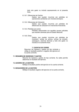 24
todo otro gasto no incluido expresamente en el presente
título.
6.1.9.1. Diferencias de Cambio
Gastos que pueden incurrirse por pérdidas en
operaciones cambiarias con moneda extranjera.
6.1.9.2. Diferencias de Cotización
Gastos que pueden incurrirse por pérdidas de
diferencias de cotización en inversiones financieras.
6.1.9.3. Pérdidas por juicios
Pérdidas relacionadas con aquellas causas judiciales
que resultan adversas para el Estado Nacional.
6.1.9.9. Otras
Gastos que pueden incurrirse por pérdidas de
inventario, ventas de activos, primas de emisión,
autoseguro, reservas técnicas y todo otro gasto no
incluido en el presente título.
7. CUENTAS DE CIERRE
Resumen los ingresos y gastos de tipo corriente y
refleja el resultado positivo o negativo del ejercicio en
la cuenta corriente.
7.1 RESUMEN DE INGRESOS Y GASTOS
Resume los ingresos y gastos de tipo corriente. Su saldo permite
determinar el resultado del ejercicio.
7.2 AHORRO DE LA GESTIÓN
Refleja el resultado positivo del ejercicio en la cuenta corriente.
7.3 DESAHORRO DE LA GESTIÓN
Refleja el resultado negativo del ejercicio en la cuenta corriente.
 